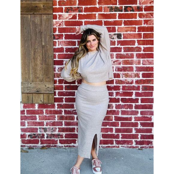 Zenana Light Mocha Ribbed Knit Sweater Skirt Set Cozy Neutral Fall Outfit~NEW!! - Picture 1 of 9